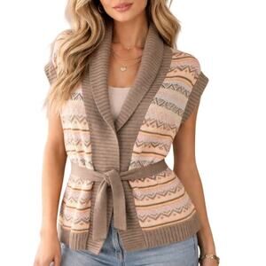 The Limited Sweater Vest Womens S Tan Pink Fair Isle Open Front Belted Cardigan